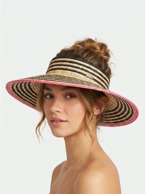 Brixton Joanna Visor Crownless Wide Brim Straw Hat Honey Black Pink M
